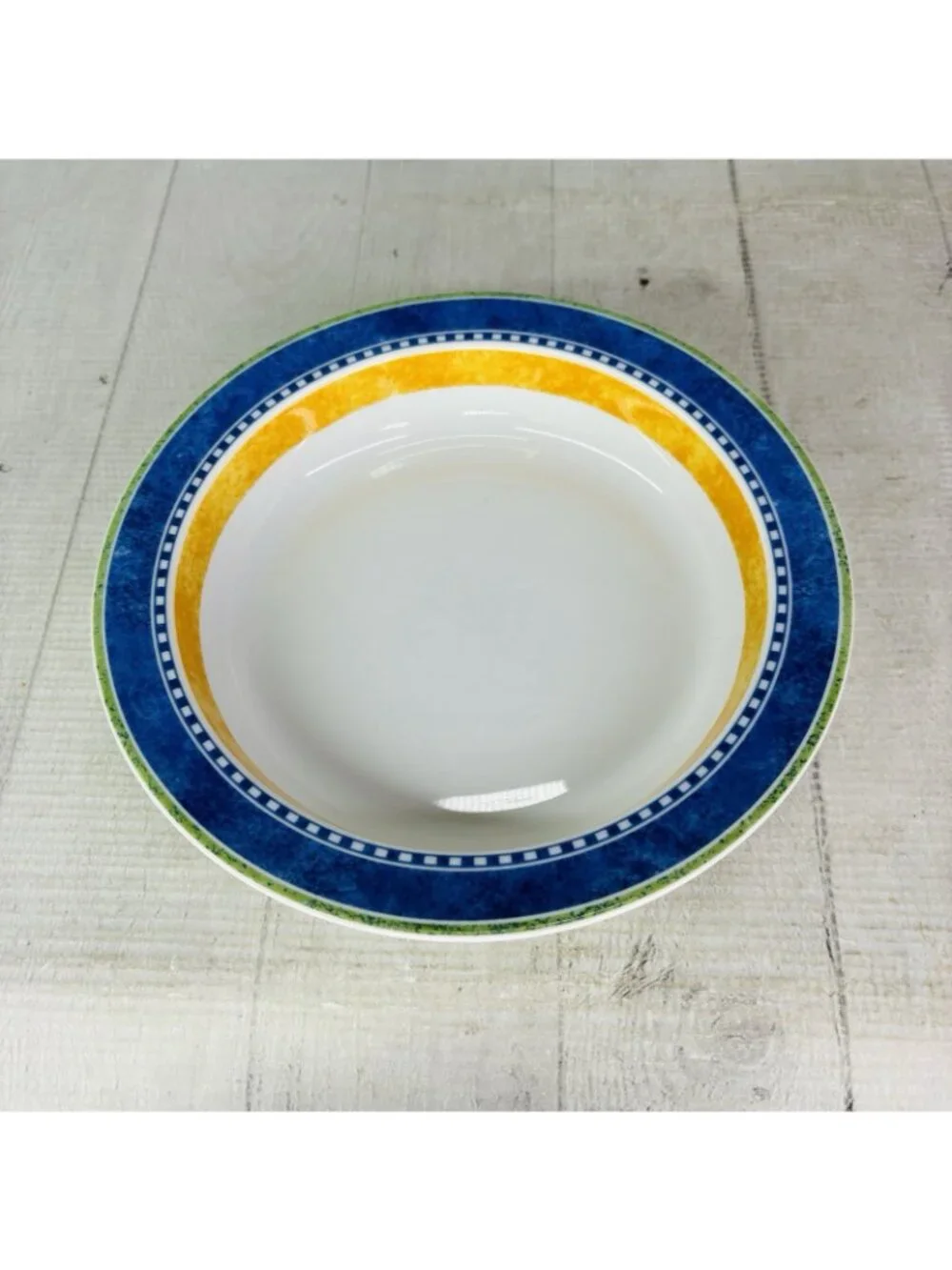 Dansk Bistro KOBENHAVN Blue Yellow Band Smooth Green Trim Rimmed Soup Bowl Set 4